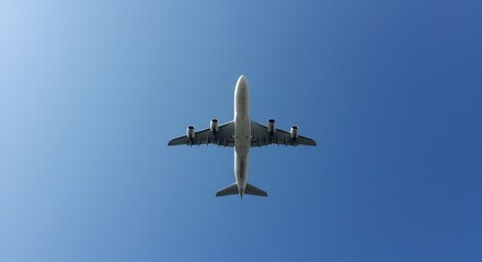 青空高く、静かに上昇する旅客機。爽快な構図。