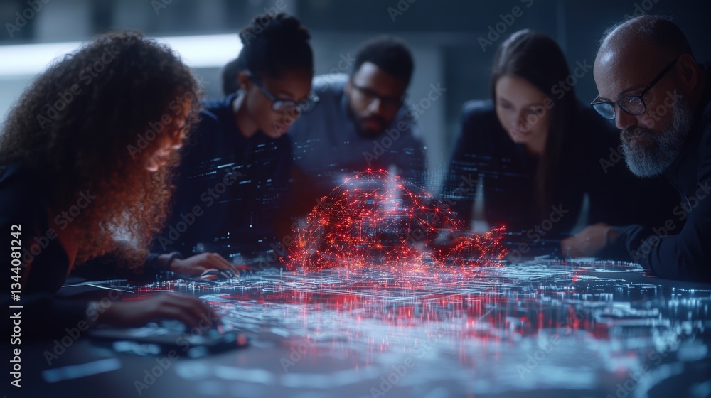 Poster diverse professionals collaborating around table analyzing holographic globe projection of interconn
