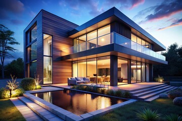 Obraz premium Low Light 3D Render: Modern Architectural House Design, Night Exterior