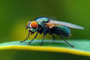 Fototapeta premium macro photography of housefly on green leaf in nature with vivid details and soft bokeh background
