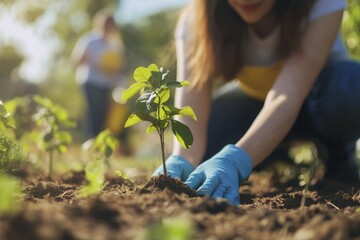 Fototapeta premium Young Women Group with Gloved Hands Planting a Sapling in the Soil Symbolizing Reforestation Efforts and Commitment to Sustainability