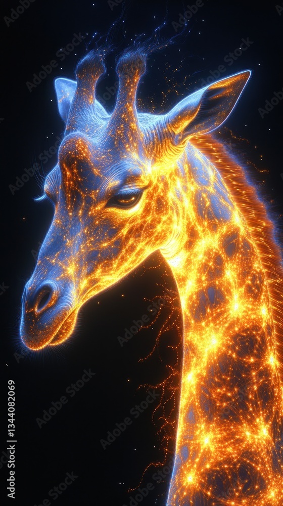 Poster digital rendition of a giraffe illuminated by vibrant neon patterns