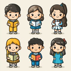 Icons about asian boys and girls with smiling face image holding a book in cute office formal costume