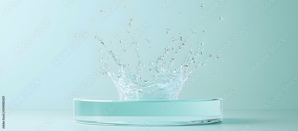 Poster water splashing on glass, with clear water droplets floating in the air and creating circular ripple