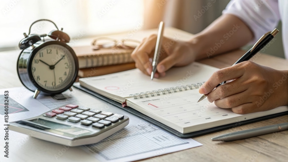 Poster a person is organizing tasks using a calendar, calculator, and clock, reflecting productivity and ti