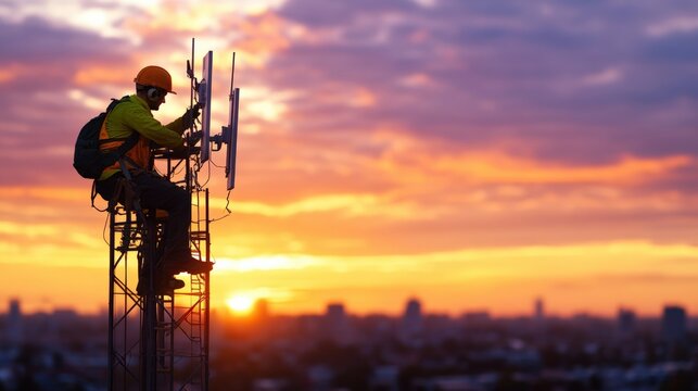 Silhouetted telecommunications worker atop cell tower against vibrant sunset over city skyline performing crucial maintenance and repairs at dusk.