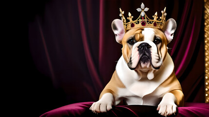 Royal bulldog with crown, cute dog in a regal costume with noble expression