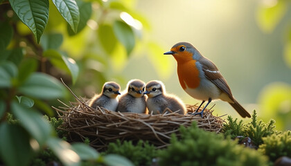 Robin with Chicks in Nest | Nature Photography