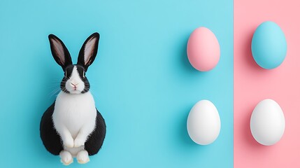 A black and white bunny sits near colorful easter eggs