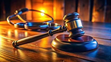 Low-Light Medical Law Office: Gavel, Mallet, Stethoscope on Desk