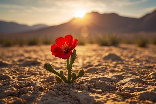 Lone Red Flower in a Desert Sunset – Macro Photography of Resilient Beauty Amidst Rocky Terrain with Dramatic Lighting and Cinematic Atmosphere