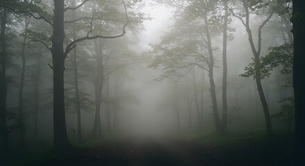 Obraz premium Enchanted Misty Forest with Tall Trees - Nature, Environmental, and Adventure Background