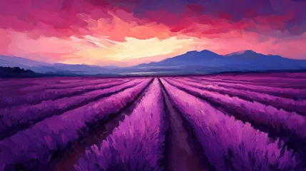 Fototapeten Impressionistic lavender field at dusk, sunset with soft colors, Provence inspired landscape © Biancaart