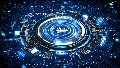 Fototapeta premium Abstract futuristic technology background with glowing blue circuit board and data visualization. Ideal for tech, data analysis, and digital concepts.