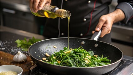A chef pours oil over sauteed greens in a frying pan, highlighting the cooking process and fresh ingredients in a modern kitchen setting.