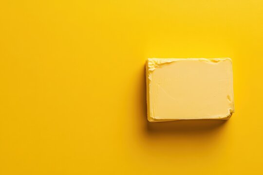 A rectangular block of yellow butter sits on yellow surface