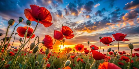 Fototapeta premium Low Light Poppy Field: Upward View, Vibrant Red Blooms at Dusk