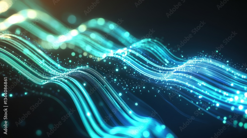 Poster abstract digital rende of luminous teal and cyan waves with flowing particles on dark background, cr