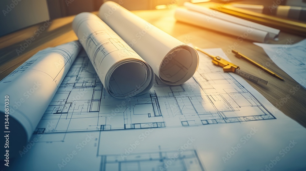 Poster a drone-captured top view of blueprints spread across an architect's table.