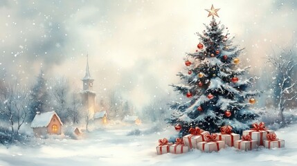 Winter Christmas Scene Watercolor Illustration with Snow Covered Tree and Gift Boxes in Soft Pastel Tones