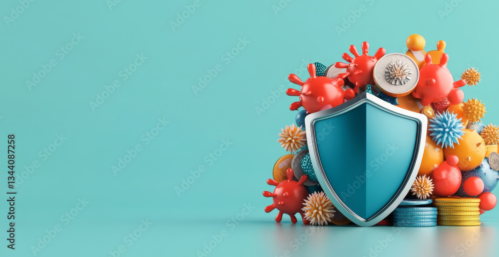 Poster a vibrant display features a shield representing security, surrounded by colorful symbols illustrati