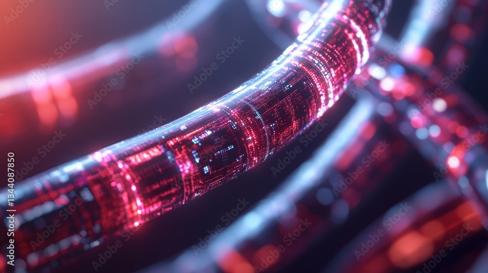 Poster close-up view of a glowing stylized dna double helix with intricate red and blue data streams, showc