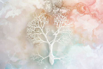 A detailed drawing of a white tree with its branches shaped like lungs, representing life and breath, against a soft pastel background.