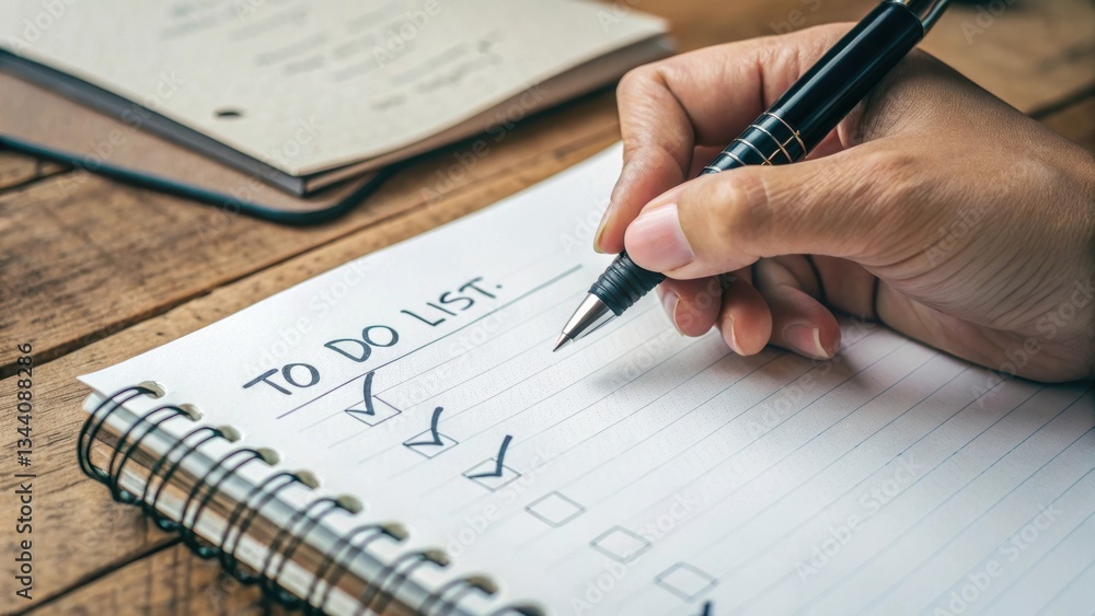 Poster a hand holds a pen over a to-do list notebook, showing checked boxes and a clear organizational focu