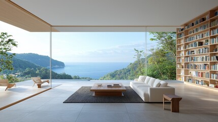 Fototapeta premium A minimalist and luxurious living space with floor to ceiling showcasing a panoramic view of a serene lake and majestic mountains creating a sense of tranquility and harmony