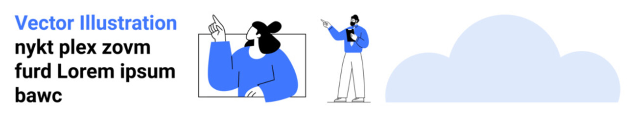 Two individuals communicate ideas with hand gestures near abstract cloud. Ideal for teamwork, communication, brainstorming, innovation, collaboration, creativity, presentations, simple landing page