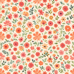 Vibrant Seamless Floral Pattern – Pink, Orange, and Red Flowers with Green Leaves
Colorful Floral Design – Small Flowers and Green Foliage on Cream Background
Floral Pattern with Soft Cream Base – Pin