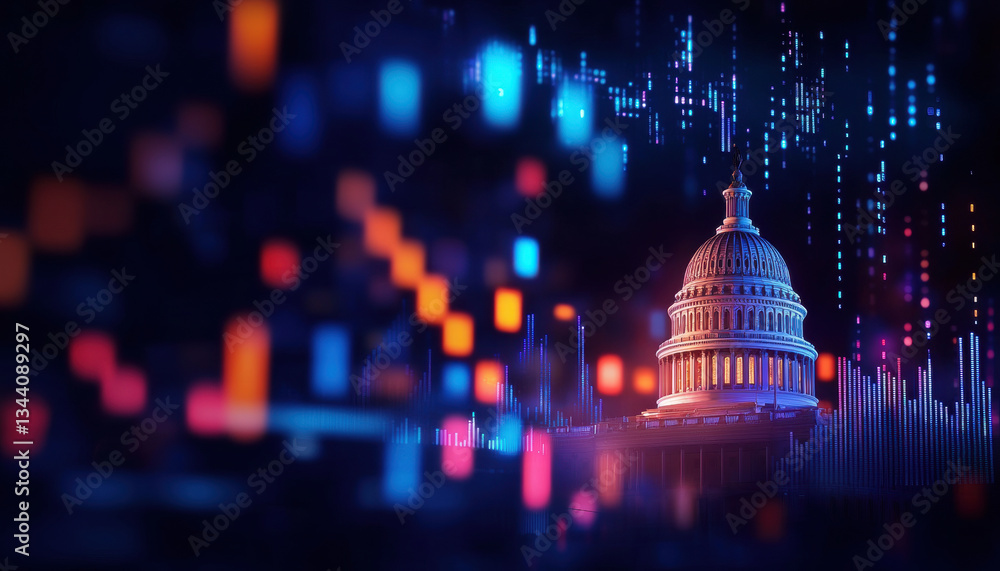Poster artistic representation of u.s. capitol with vibrant digital elements and data visualization