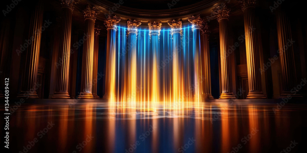 Poster stunning display of vibrant light beams cascading down in grand architectural setting