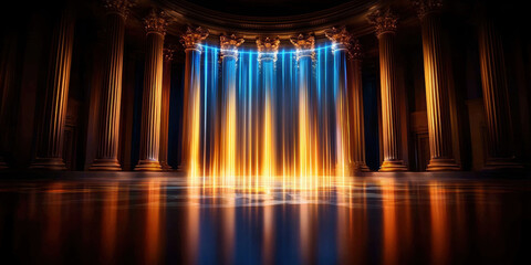 stunning display of vibrant light beams cascading down in grand architectural setting