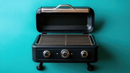 Fototapeta premium Electric grill with a large cooking surface and temperature gauge on a vibrant turquoise background