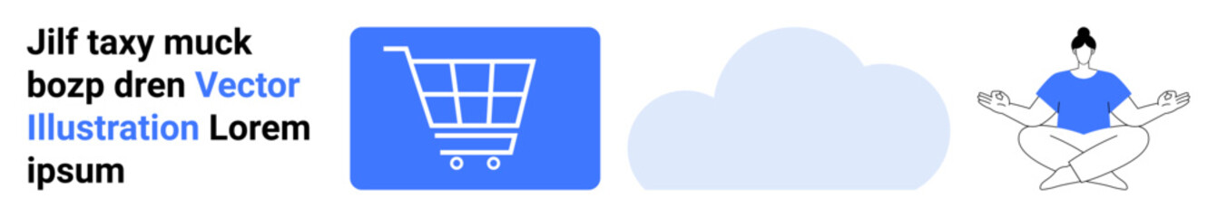 Shopping cart icon, cloud shape, meditating figure. Ideal for e-commerce, cloud technology, mindfulness, wellness, digital detox, lifestyle apps and simple landing page