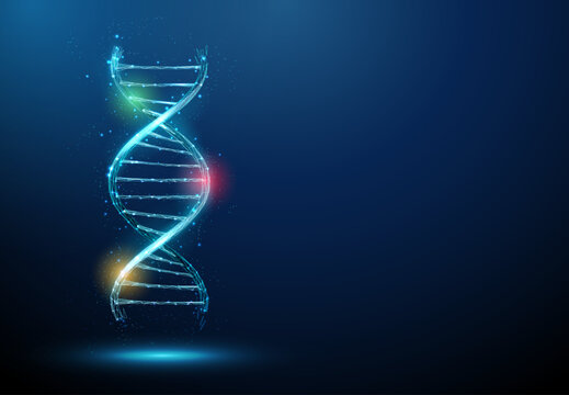 Blue 3d DNA molecule helix with red, yellow and green spots. Biomarker identification, DNA sequencing, genetic diseases concept