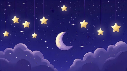 Fototapeta premium Enchanting nighttime scene featuring a crescent moon, hanging stars, and fluffy clouds. Perfect for children's books, websites, or dreamy backgrounds.