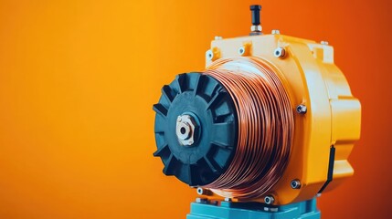 Electric motor with copper windings on a contrasting color background