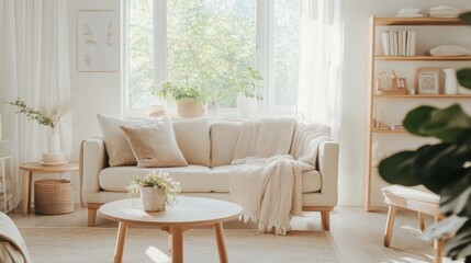 Beautiful minimalist living room with furniture and plants