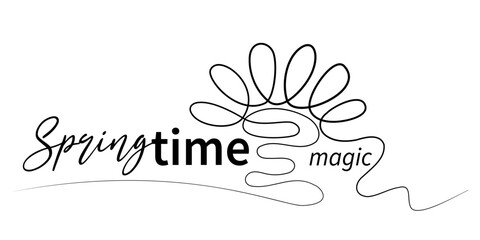 Stylish label with the magic of spring. The symbol of the rising sun with single line. Minimalistic black and white isolated design. Editable flat style horizontal template