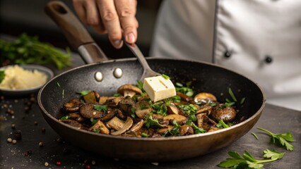A chef adds butter to a pan of sauteed mushrooms garnished with fresh herbs, creating a delicious meal in preparation.