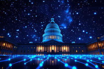 Obraz premium U.S. Capitol building illuminated at night, surrounded by starry sky, creates stunning view