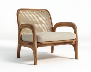 Fototapeta premium Minimalist Wooden Armchair with Woven Rattan Backrest in Scandinavian Design Style
