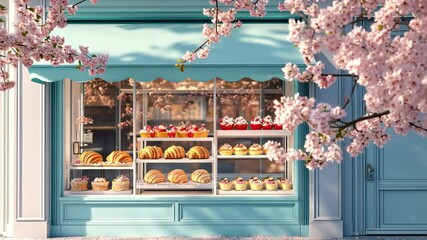 Springtime bakery display with colorful pastries and blooming cherry blossoms in a charming neighborhood