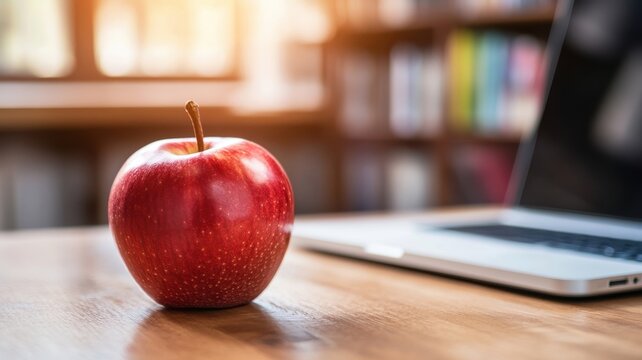 Fresh red apple placed on a wooden desk beside a laptop during a cozy afternoon in a study room