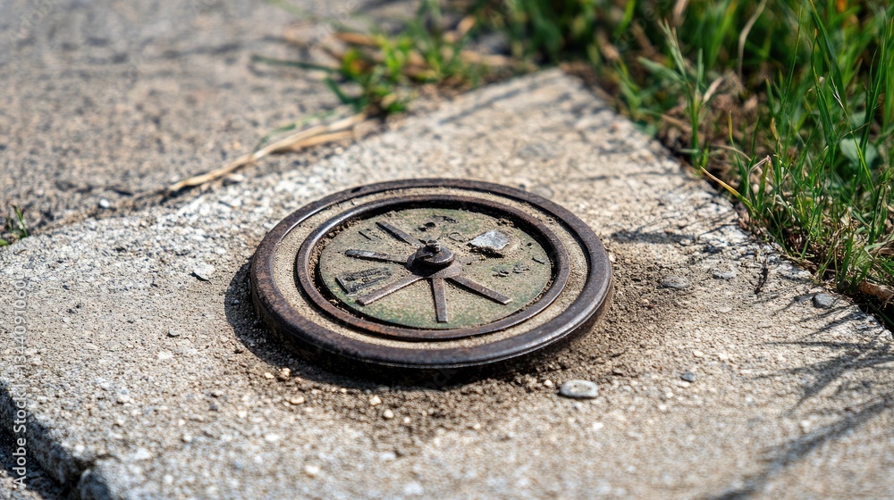Poster a geodetic survey marker embedded in the ground, indicating a precise reference point.