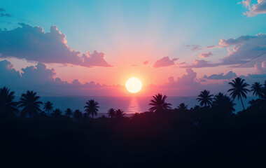 Wide-format tropical sunset with radiant palm silhouettes against a gradient sky of pink and blue hues, perfect for vacation themes. Holiday background. Empty, copy space for text. 