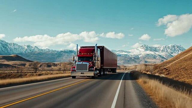 Open Road Journey: A vibrant red truck navigates a scenic highway, mountains under a vivid blue sky. A symbol of freedom, adventure, and the logistics that power the world. 
