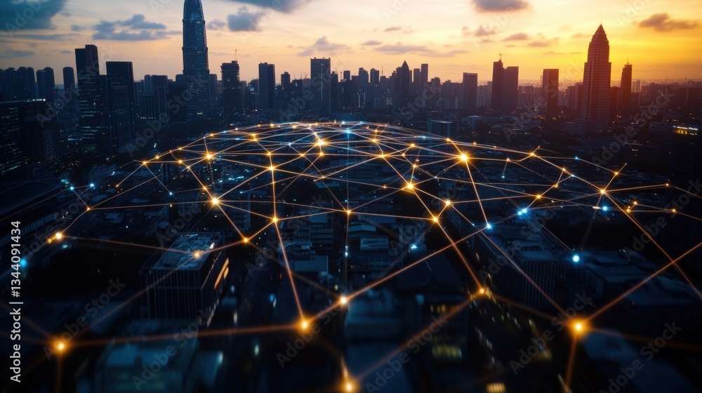 Poster a vibrant sunset illuminates a sprawling cityscape overlaid with a luminous network of interconnecte